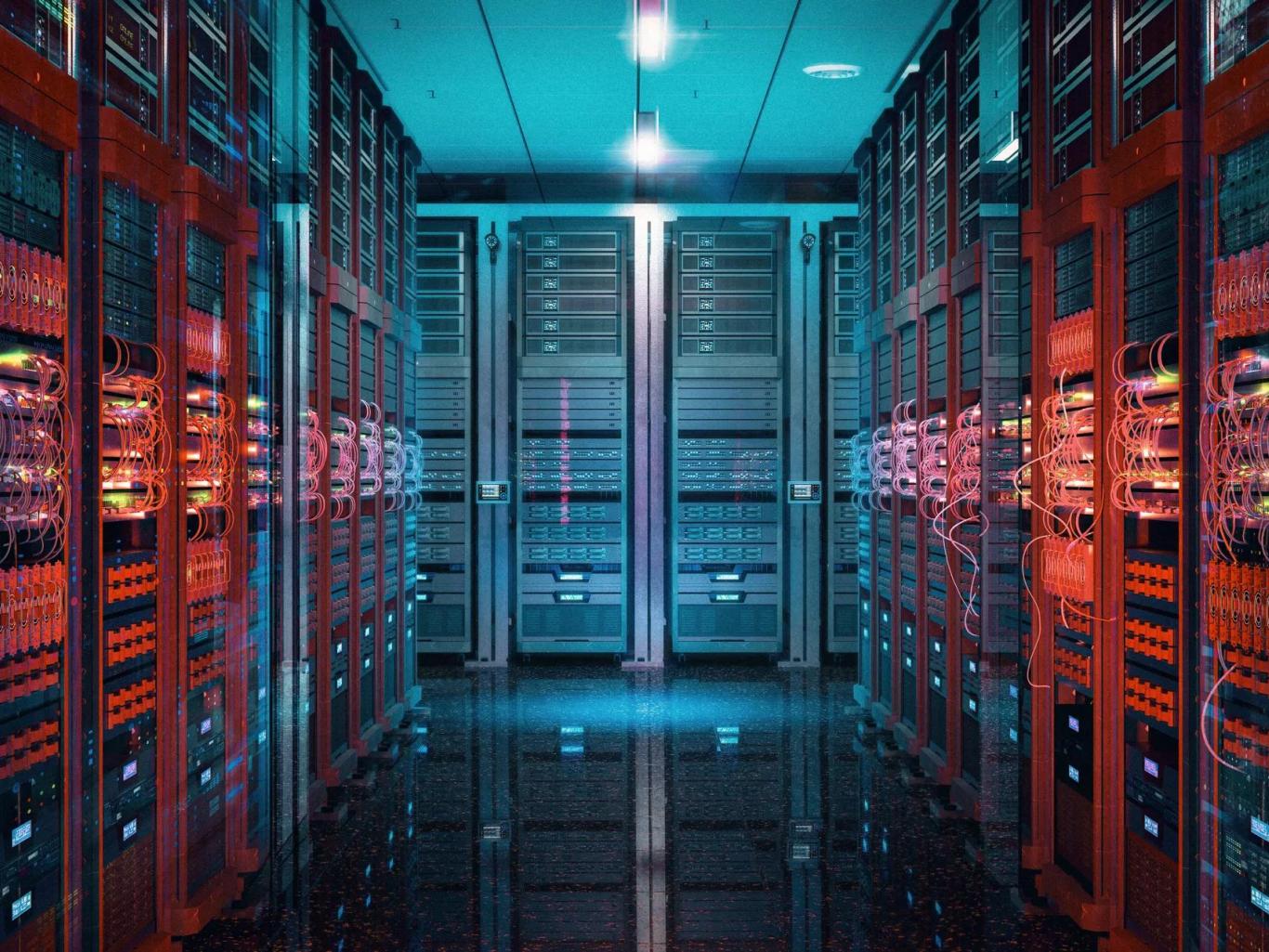 Data Center illuminated by blue and red lights